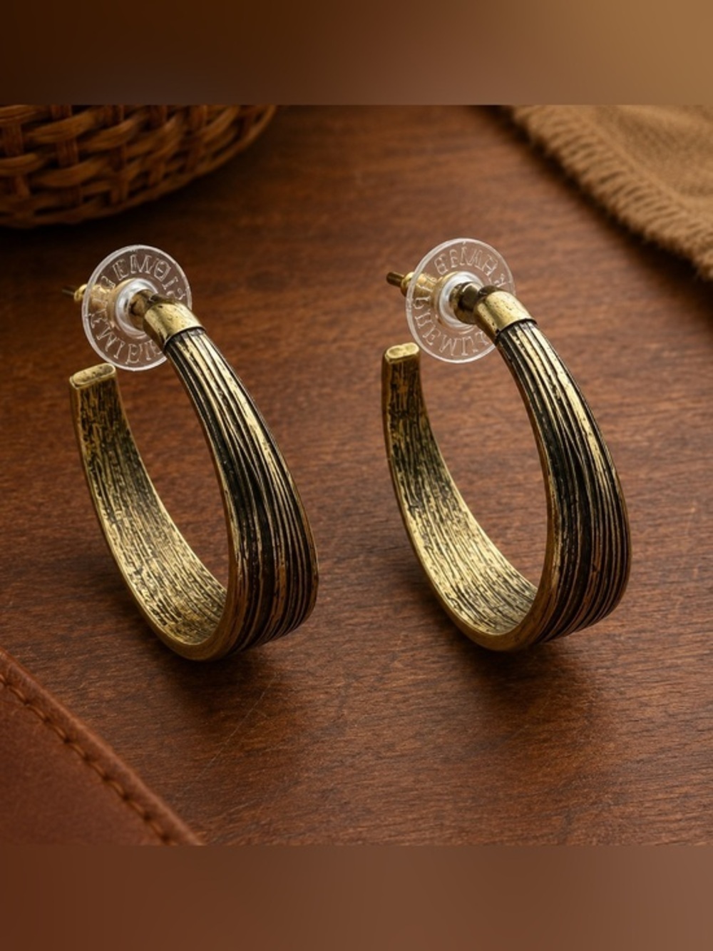 Premier Designs Antiqued Gold Tone Round Hoop Earrings Textured ~1.5" NWT #482